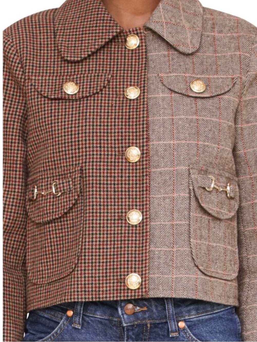 Avec Les Filles Mixed Plaid Houndstooth Cropped Equestrian Jacket Small NWT Gold - Picture 4 of 10
